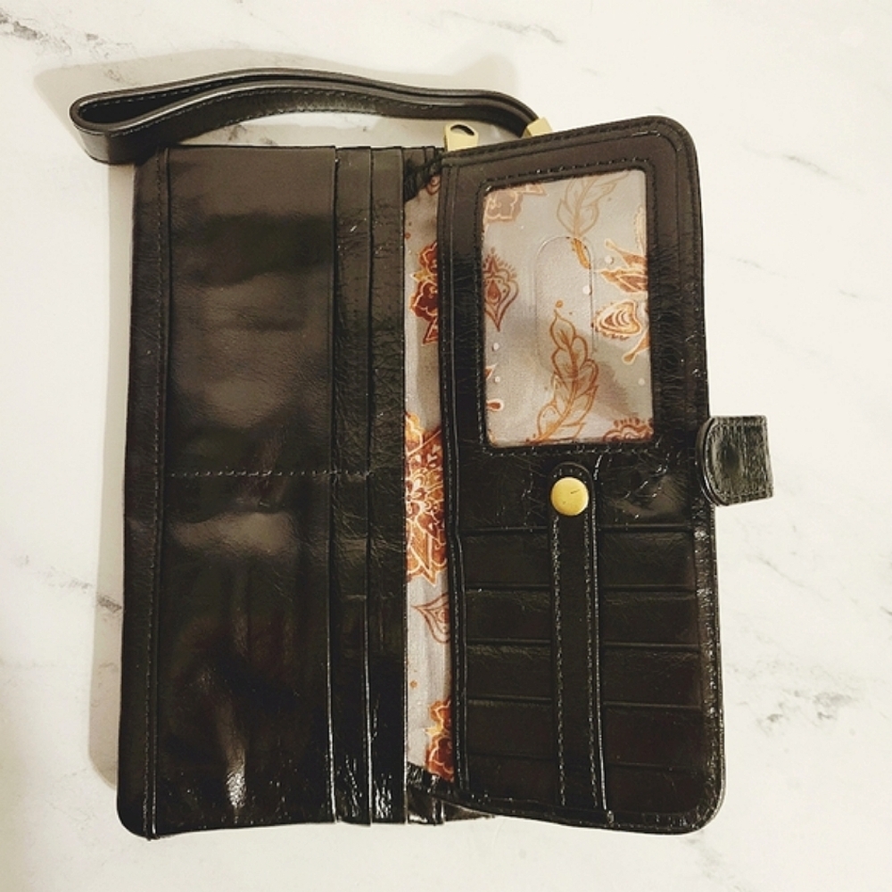 HOBO Shiny Black Distressed Leather Wristlet Wallet With Wanderlust Lining - Picture 8 of 11